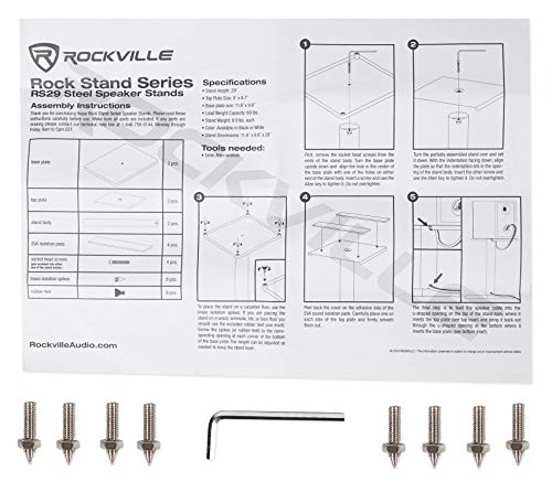 Rockville RS29W 29" Black Bookshelf Speaker/Studio Monitor Stands, Pair | White, 60 Lb Load Capacity, EVA Isolation Pads, Cable Management, Powder Coated, Brass Spikes, Rubber Feet, 9" x 9" Top - color: White