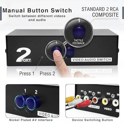 Duttek 2 Port RCA AV Switch Box, 2 in 1 Out Composite Video Audio Selector, RCA Switcher for DVD, Game Console, STB to TV