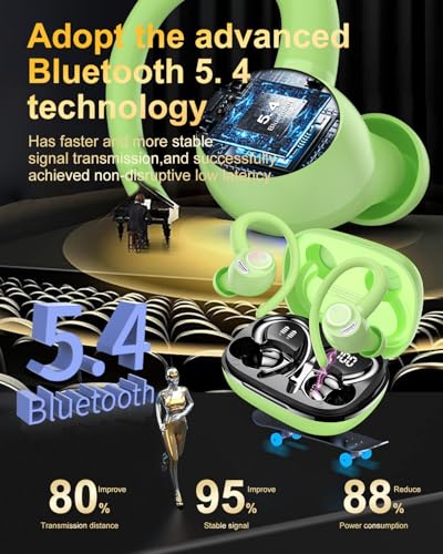 Wireless Earbuds, Bluetooth 5.4 Headphones Sport Over Ear Buds with ENC Mic | Noise Cancelling Mic,48H, Wireless Earphone With Earhooks, Stereo Deep Bass, IP7 Waterproof ear bud for Workout Running,Green - color: Green