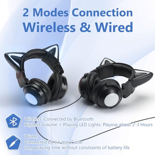Cat Ear Bluetooth Headphones for Kids,Over Ear Headphones with Microphone | LED Foldable Wired & Wireless Gaming Headset,Cute Headphones for Kids for School,Compatible with Phone/PC/Tablet/TV,Black - color: Black