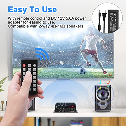 AK-380 USB SD BT.C FM AUX Audio Power Amplifier 2.0 CH 40W+40W HiFi AMP | Stereo AMP Bluetooth 5.0 Speaker Amp Receiver with 12V 5A Power Supply,FM Antenna for Car Home Bar Party - color: AK-380(2.0CH 40W+40W RMS)