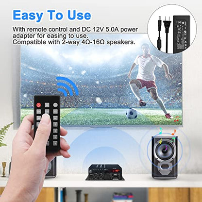 AK-380 USB SD BT.C FM AUX Audio Power Amplifier 2.0 CH 40W+40W HiFi AMP | Stereo AMP Bluetooth 5.0 Speaker Amp Receiver with 12V 5A Power Supply,FM Antenna for Car Home Bar Party - color: AK-380(2.0CH 40W+40W RMS)