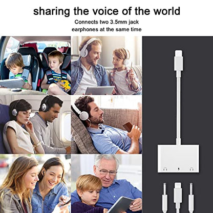 3 in1 Lightning to 3.5mm Headphone Adapter for iPhone | Dual Earphone Jack Audio and Charging Adapter, Headphone Splitter for iPhone 14/13/12/11/XS Max/XR/8/7 Plus/6/iPad