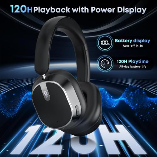 Hybrid Active Noise Cancelling Bluetooth Headphones Wireless Headphones | Over Ear, 120H Playtime, Hi-Res Audio, Deep Bass, Memory Foam Ear Cups for Home Office Travel Foggy Black