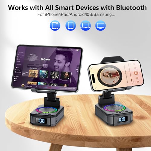 Gifts for Men Women, Cell Phone Stand with Wireless Bluetooth Speaker and Colorful LED Lights, 4-in-1 Multifunctional Phone Holder Support Fast Charging, Adjustable Desktop Stand, Best Gifts - color: Ink Black