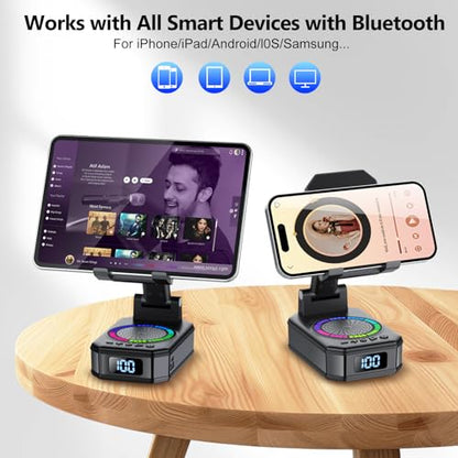Gifts for Men Women, Cell Phone Stand with Wireless Bluetooth Speaker and Colorful LED Lights, 4-in-1 Multifunctional Phone Holder Support Fast Charging, Adjustable Desktop Stand, Best Gifts - color: Ink Black