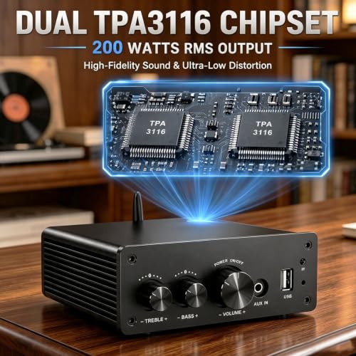 LONPOO 200W Bluetooth Audio Amplifier with DAC for Bookshelf Speaker HiFi | TPA3116 Chip, 2.0 Channel, Optical Coaxial USB RCA Aux Input, Plug and Play, Low Distortion, Black - color: all black