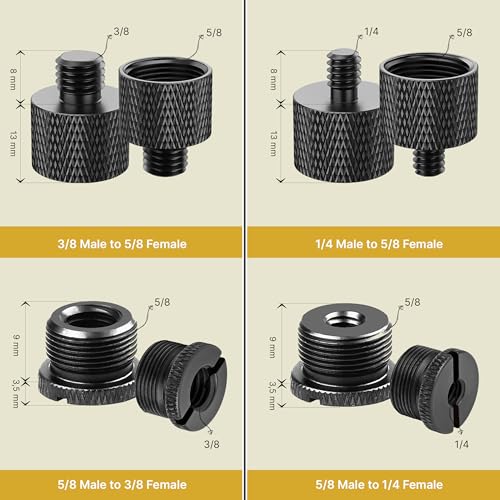 Mic Stand Adapter Set 8 pieces Metal Microphone Stand Screw Thread Adapter 5/8 Female to 3/8 Male 3/8 Female to 5/8 Male 5/8 Female to 1/4 Male 1/4 Female to 5/8 Male Tripod Adapter ADP02 Black - color: Black