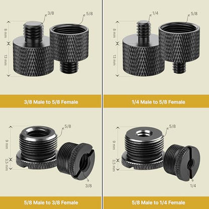 Mic Stand Adapter Set 8 pieces Metal Microphone Stand Screw Thread Adapter 5/8 Female to 3/8 Male 3/8 Female to 5/8 Male 5/8 Female to 1/4 Male 1/4 Female to 5/8 Male Tripod Adapter ADP02 Black - color: Black