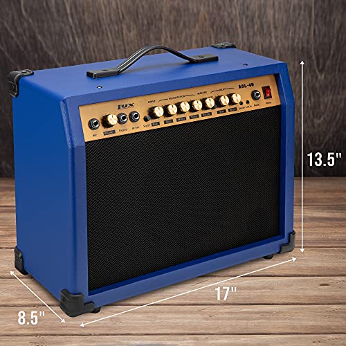 LyxPro 40 Watt Electric Guitar Amplifier | Combo Solid State Studio Amp with 8” 4-Ohm Speaker, Custom EQ Controls, Drive, Delay, ¼” Passive/Active/Microphone Inputs, Aux In & Headphone Jack - Blue - color: Blue, size: 40 Watt