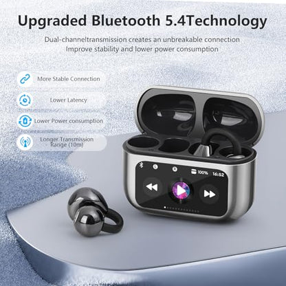 Open Ear Bone conduction Headphones Bluetooth 5.4 Wireless Clip On Earbuds with Digital Display Charging Case 40 Hours Playtime Sport Earphones Built-in Mic IPX7 Waterproof for Running Fitness Black - color: Black