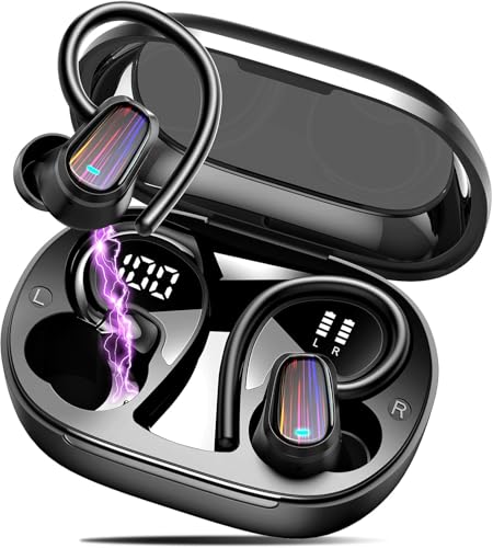 Wireless Earbuds, Bluetooth 5.4 Headphones Sport, Over Ear Buds with ENC Noise Canceling Mic, Deep Bass Stereo Ear Buds with Hook, 50H Playback, LED Display, IP7 Earphones for Workout Running, Black | 50H Playback, IP7 Waterproof Earphones for Workout Run
