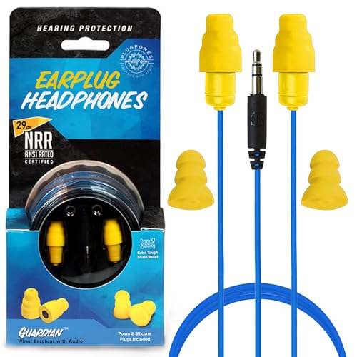 Plugfones Guardian Earplug Headphones - OSHA Approved Noise Isolating in-Ear Earbuds with Hearing Protection - Wired Hybrid for Work and Travel - Includes Silicone and Foam Earplugs - Blue & Yellow - color: Blue