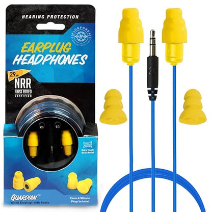 Plugfones Guardian Earplug Headphones - OSHA Approved Noise Isolating in-Ear Earbuds with Hearing Protection - Wired Hybrid for Work and Travel - Includes Silicone and Foam Earplugs - Blue & Yellow - color: Blue