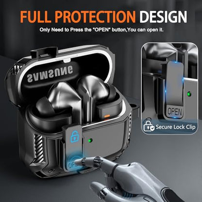 Safety Lock Case for Samsung Galaxy Buds3 FE/Pro/3 (Black) | Compatible with MagSafe, with Phone Stand& Cleaning kit,Keychain, - color: A-A-A-Black
