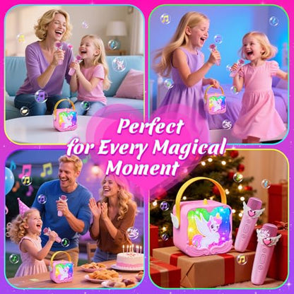 Unicorn Karaoke Machine with Wings & Castle Lights,2 Gem Wireless Microphones&5 Magic Voice,Portable Mini Bluetooth Speaker,Singing Toy Birthday Gift for 3 4 5 6 7 8 9 10 11 12 Year Old Girls Age 3-12