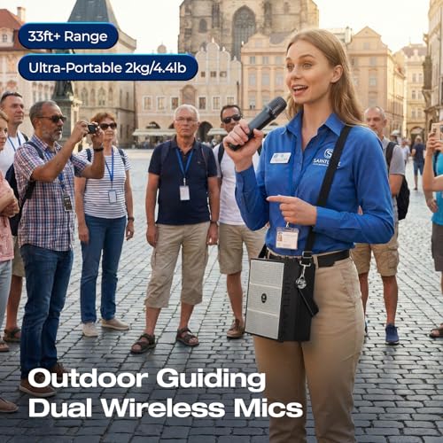 WinBridge S97 60W Powerful Voice Amplifier with Dual Wireless Microphones | Speaker Mic Set, PA System for Teachers, Karaoke & Event, Guitar Input, 4 Sound Effects, Bluetooth Audio/USB/TF/AUX Playback