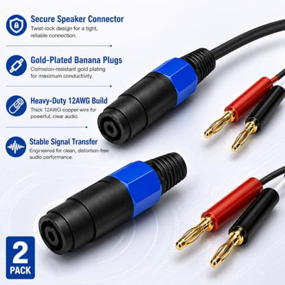 Banana Plug to Speakon Cable 8 Inch 2-Pack, 12AWG 30A Gold-Plated NL4FX Twist-Lock, Short Amp Rack Speaker Wire for QSC Crown JBL Yamaha DJ PA System