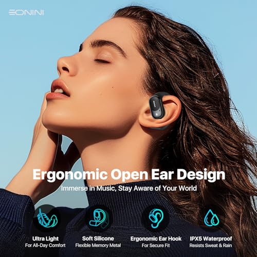 Eonini Open-Ear Earbuds with Earhooks, LED Display Case, Lightweight & Secure Fit, All-Day Comfort, Stay-Aware Design, Clear Calls, 40H Playtime, IPX5 Waterproof Bluetooth 5.3 for Running, Gym - color: Black
