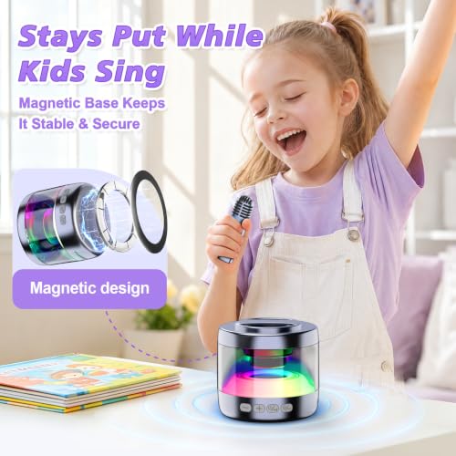Mini Karaoke Machine for Kids with 2 Wireless Lapel Microphones | Portable Bluetooth Karaoke Speaker, Magnetic Phone Stand, Lyrics Display, Birthday for Girls Boys - color: Grey