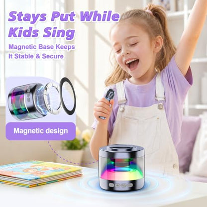 Mini Karaoke Machine for Kids with 2 Wireless Lapel Microphones | Portable Bluetooth Karaoke Speaker, Magnetic Phone Stand, Lyrics Display, Birthday for Girls Boys - color: Grey