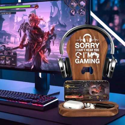 Gamer Gifts for Men Teenage Boys Birthday Christmas, Gaming Headset Stand | Birthday Gifts for Him Men Son Boyfriend Brother, Gamer Lovers Room Decor Stuff Wooden Headset Holder - style: Sorry I Can't Hear You I'm Gaming