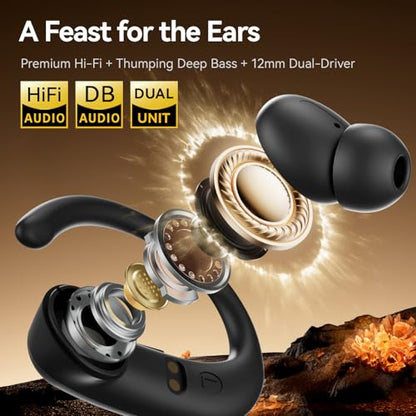 Sport Earbuds with Ear Hook 66hrs Playtime with LED Display Case, Wireless Bluetooth 6.0, Sports Over The Ear Earbuds, IPX4 Gym Workout Running Headphones, Deep Bass & Stereo Sound. - color: Black