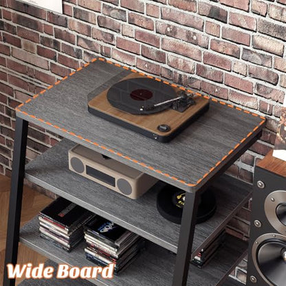 Besiost AV Media Stand with Outlets, Media Console with LED Lights, Stereo Racks and Stands with Storage Shelves, Media Audio Tower Stand, Light Grey Walnut - color: Grey Walnut
