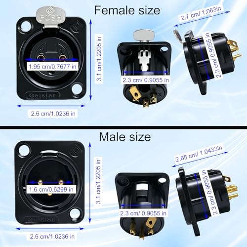 RIVIERA XLR Panel Mount Chassis 3pin Male & Female Nickel Plated Metal Housing and 24K Gold-Plated Contacts (5 Male + 5 Female Black) - color: Black, size: Male+Female