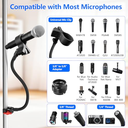 Gooseneck Microphone Stand, 19.69" Adjustable Mic Clip with 3/8" to 5/8" Adapter, Heavy Duty Metal Super Crab Desk & Pole Clamp Mic Holder Compatible with Shure/Fifine/AT2020/Pyle/Blue Snowball/Razer