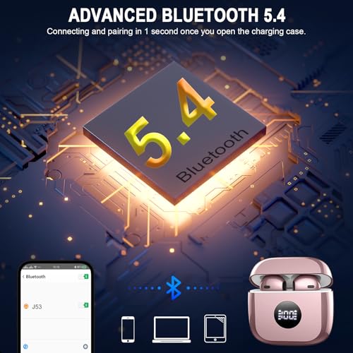 Wireless Earbuds, Bluetooth Headphones 5.4, HiFi Stereo, in-Ear Ear buds | 6D Bass Stereo, 4 ENC Noise Cancelling Mics, 40H Playtime Sport Earbuds, Charging Case, IP7 Waterproof Earphones, LED Display - color: pd pink gold