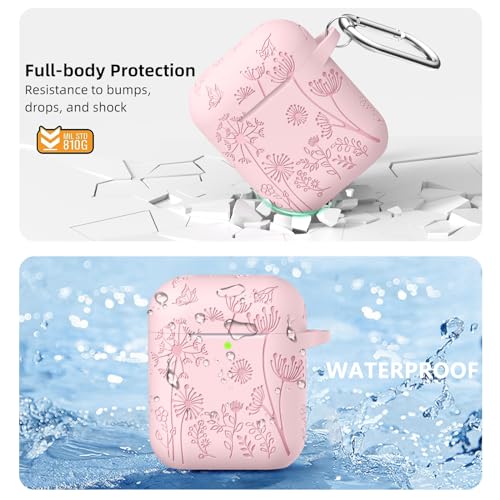Lerobo for AirPod Case 2nd/1st Generation with Keychain for Women Girl | Cute Flower Engraved Silicone Protective Cover for AirPods 2 Case, Wireless Charging, Led Visible, One-piece Design, Pink - color: Pink