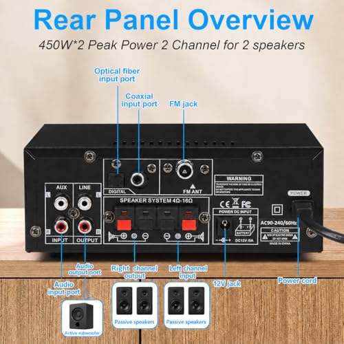 Romica Stereo Audio Amplifier, 2 Channel 450W Bluetooth 5.0 Home Audio Stereo Receiver with FM Radio, USB, SD, Optical & Coaxial Inputs, Amplifier for Passive Speakers and Active subwoofer
