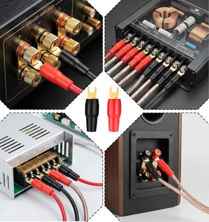 10Pcs 4 Gauge Wire Connectors, 4-Gauge Spade Terminals for Speaker Wire | Insulated Fork Connectors for Car Audio & Home Theater, Red & Black