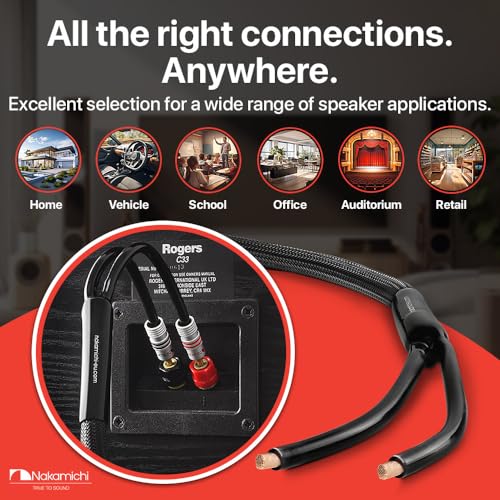 Nakamichi 24k Gold Plated Banana Plugs Speaker Cables 99.9% OFC (6 Feet) | Oxygen-Free Copper, Excel Series, Amplifier Heavy Duty Braided In-Wall CL2 Rated Wires - Black (12AWG / 6ft / 1.8m) 2-Pack - color: Black, size: 12 AWG (6-Feet)