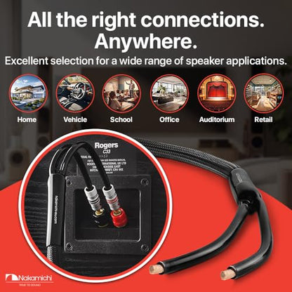 Nakamichi 24k Gold Plated Banana Plugs Speaker Cables 99.9% OFC (6 Feet) | Oxygen-Free Copper, Excel Series, Amplifier Heavy Duty Braided In-Wall CL2 Rated Wires - Black (12AWG / 6ft / 1.8m) 2-Pack - color: Black, size: 12 AWG (6-Feet)