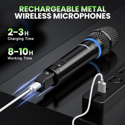 4 Channel UHF Wireless Mic Set with Handheld/Bodypack/Headset/Lapel Mics with Bluetooth Receiver Box + Volume Control Echo for Karaoke PA DJ Party (Wireless Microphone System)