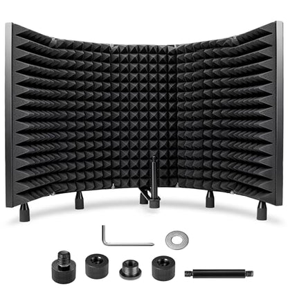 CAHAYA Microphone Isolation Shield Foldable - Mic Shield for Clear Recording Sound Absorbing Foam Reflector with 3/8" and 5/8" Mic Adapter Recording Equipment, Podcasting, Streaming, Home Studio Black