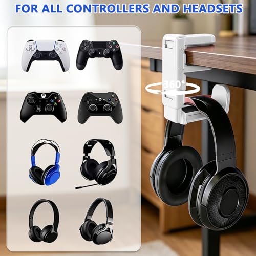 Rotating Headphone Stand with 360° Swivel, Adjustable Clamp-on Under Desk Headset Holder, Gaming Headphone Hanger (White) - color: White
