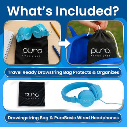 Puro Sound Labs - Kids Headphones, Volume-Limiting 85dB, PuroBasic, Blue | Wired Headphones, Comfortable Headphones for Kids, Compatible with PCs, Smartphones & Tablets, Ideal for School & Travel