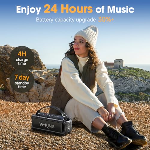 W-KING Portable Bluetooth Speaker Loud Wireless 60W Peak Waterproof Outdoor | IPX6 Rugged Floating Shower Boombox, 24H Playtime, EQ, 2 Pair, AUX TF USB Playback, 30W Powerful Bass for Party Camping Pool