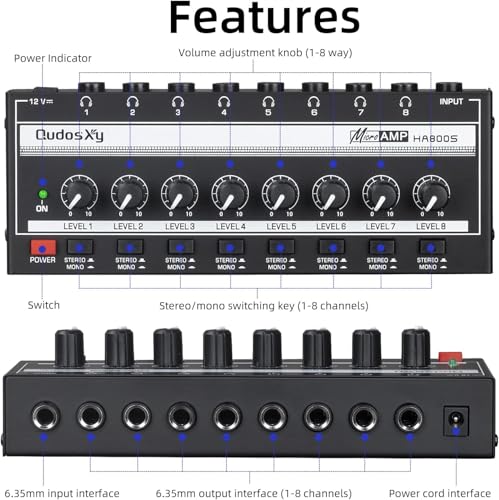 HA800S Audio Mixer, 8-Channel Stereo Line Mixer for Sub-Mixing, Independent Volume & Stereo/Mono Control, 1/4" TRS Input/Output for Headphone Monitoring, Studio Recording, Band Rehearsal