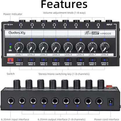HA800S Audio Mixer, 8-Channel Stereo Line Mixer for Sub-Mixing, Independent Volume & Stereo/Mono Control, 1/4" TRS Input/Output for Headphone Monitoring, Studio Recording, Band Rehearsal