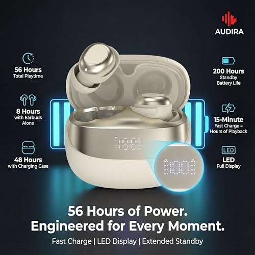 AUDIRA Mini Wireless Sleep Earbuds for Side Sleepers, Bluetooth 5.4 in-Ear Ear Buds with Noise Cancelling, IPX4 Waterproof Headphones, Touch Control, Digital Display Charging Case – Biege - color: Beige