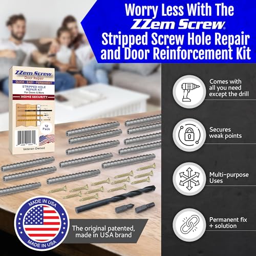 12-Pack #9 x 3 Permanent Stripped Door Hinge Screw Hole Repair Kit | Steel anchors. Reinforces hinges, strike plates and door jambs. Made in USA - size: 12 Pack