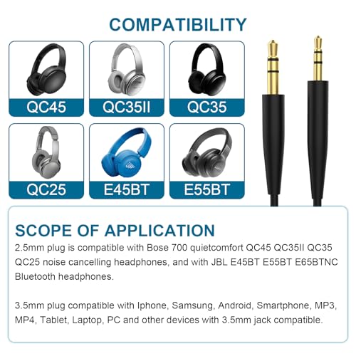QC35 Audio Cable Compatible with Bose QuietComfort, QuietComfort Ultra, NC700, QC45, QC35 II, QC35, QC25 Headphones, 3.5mm to 2.5mm Aux Cable for JBL Tune 710BT 760NC 660NC Headphones (Straight Jack) - style: Straight Jack