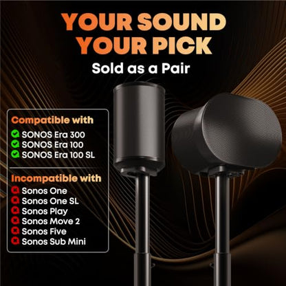 Speaker Stands for Sonos Era 100, 100 SL & Era 300 - Hidden Cable, Set of 2 | Easy to Assemble, Sturdiness, 29.1–39'' Height Adjustable, Two Base Mounting Design, Max holds 11lbs(per one), Black - color: Black, size: 2 Pack