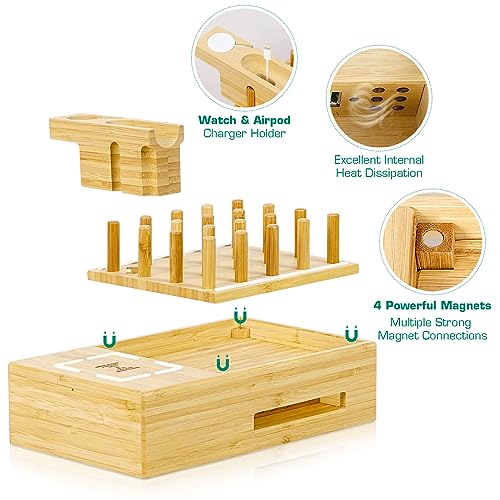 Bamboo Wireless Charging Station for Multiple Devices - Wood Docking Station Organizer, Qi Certified Fast Wireless Charger, 7 USB Charging Ports for Cellphone, Smart Watch, Earbuds, Tablet | Qi Certified Fast Wireless Charger, 7 USB Charging Ports for Pho