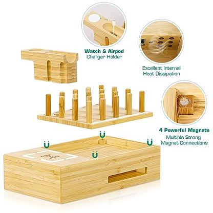 Bamboo Wireless Charging Station for Multiple Devices - Wood Docking Station Organizer, Qi Certified Fast Wireless Charger, 7 USB Charging Ports for Cellphone, Smart Watch, Earbuds, Tablet | Qi Certified Fast Wireless Charger, 7 USB Charging Ports for Pho