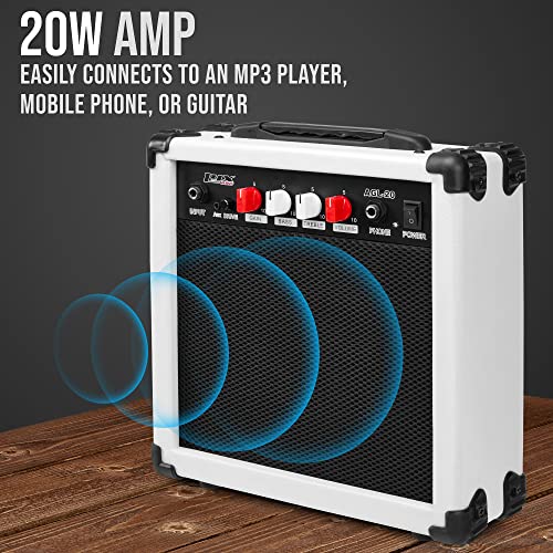 LyxPro Electric Guitar Amp 20 Watt Amplifier Built in Speaker Headphone Jack and Aux Input Includes Gain Bass Treble Volume and Grind - White - color: White, size: 20 Watt